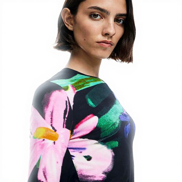 T-shirt Donna Desigual Nero Stampa Floreale Fit Regular