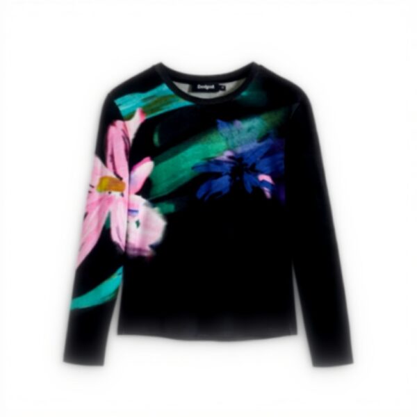 T-shirt Donna Desigual Nero Stampa Floreale Fit Regular