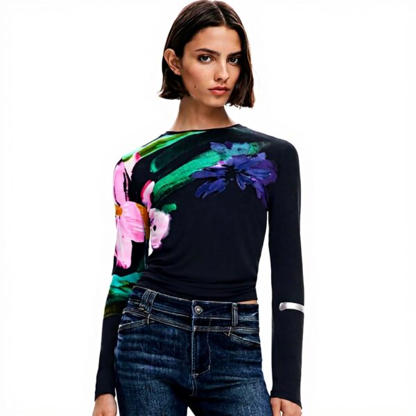T-shirt Donna Desigual Nero Stampa Floreale Fit Regular