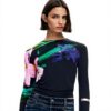 T-shirt Donna Desigual Nero Stampa Floreale Fit Regular