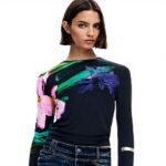 T-shirt Donna Desigual Nero Stampa Floreale Fit Regular