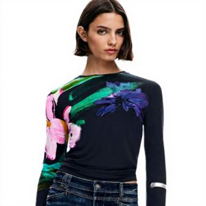 T-shirt Donna Desigual Nero Stampa Floreale Fit Regular