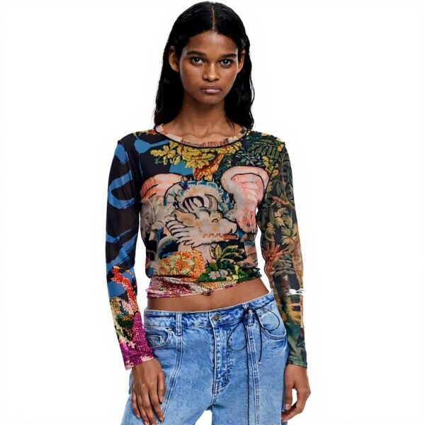 Bluse Donna Desigual Stampa Arty Collo Rotondo Manica Lunga