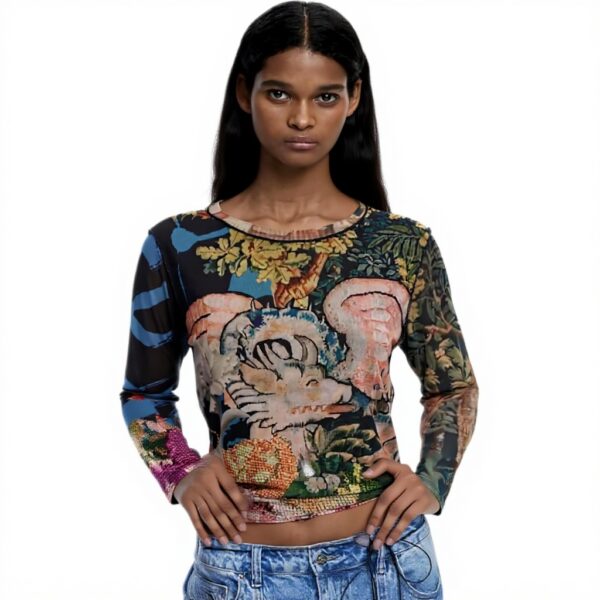 Bluse Donna Desigual Stampa Arty Collo Rotondo Manica Lunga