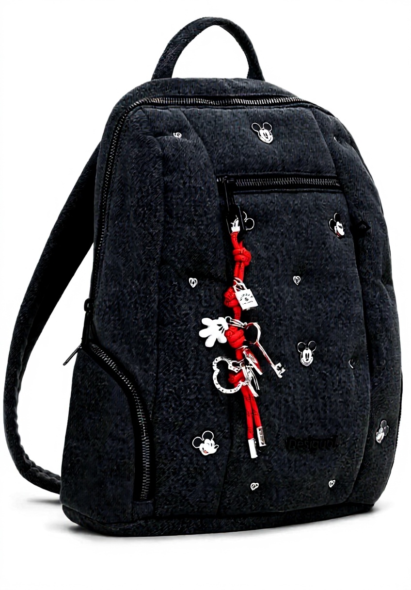 Desigual Zaino Mickey Studs Chester Backpack Denim Grigio posato su una panchina in un parco