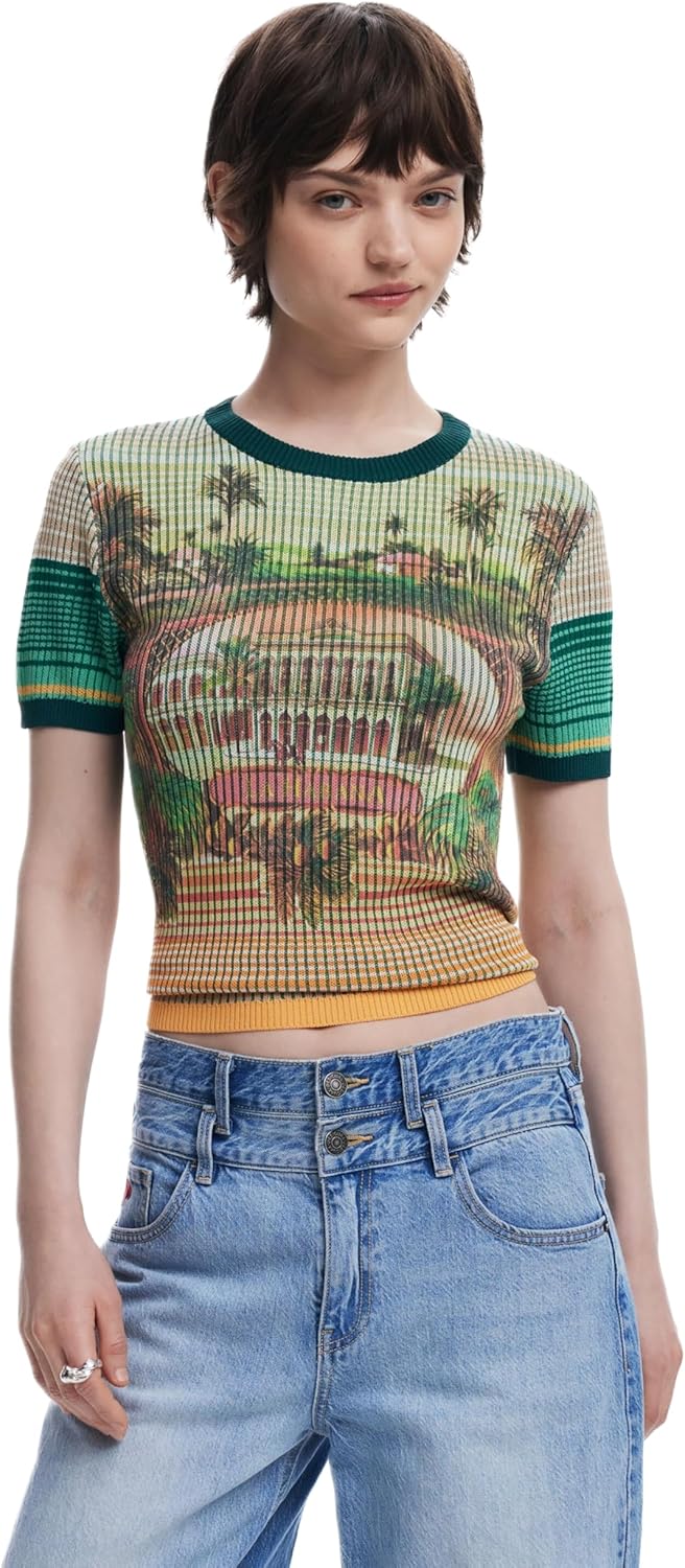 T-shirt Desigual donna in verde con stampa paesaggistica e colletto polo