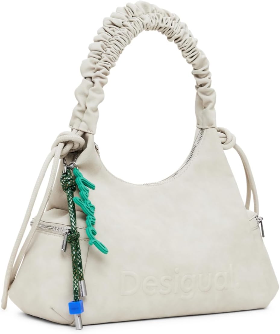 Borsa a tracolla Desicolor su sfondo neutro che mostra design e scomparti