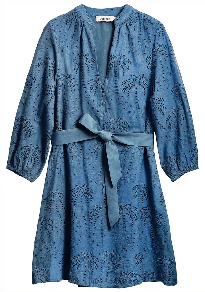 Vestito Desigual casual donna blu e bianco indossato su una terrazza con vista città