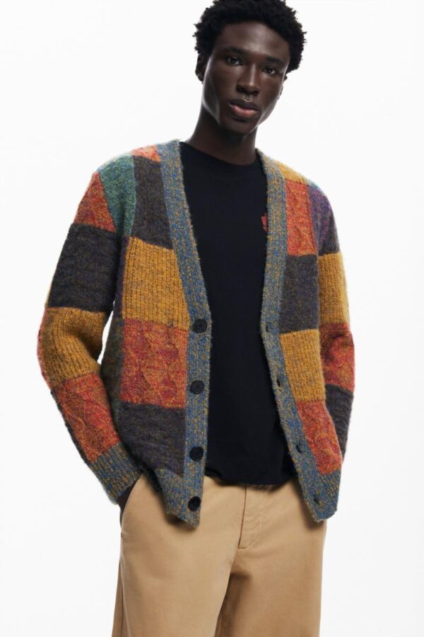 Maglione Desigual Uomo Scollo a V Quadri Regular Fit-1