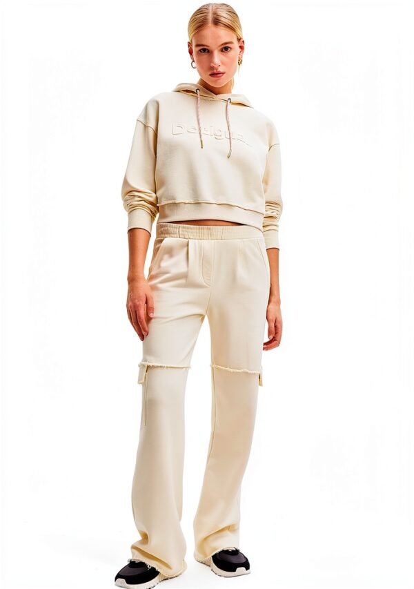 Pantaloni Desigual Donna Gamba Larga Tinta Unita Bianco-3