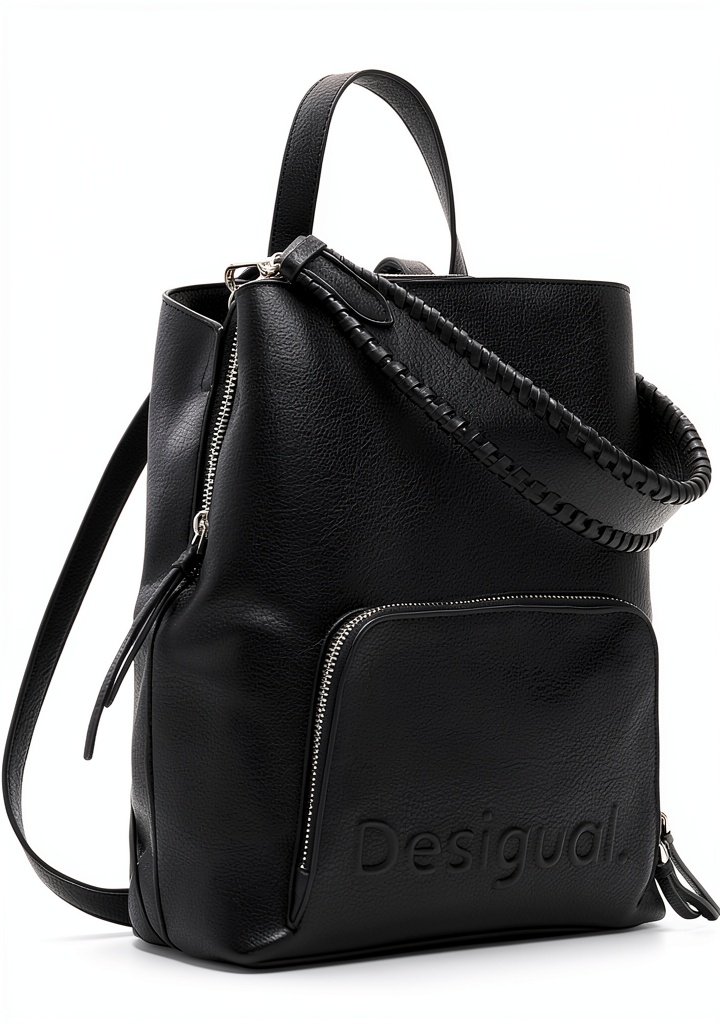 Zainetto Desigual nero mostrato con tasche aperte e dettagli del logo