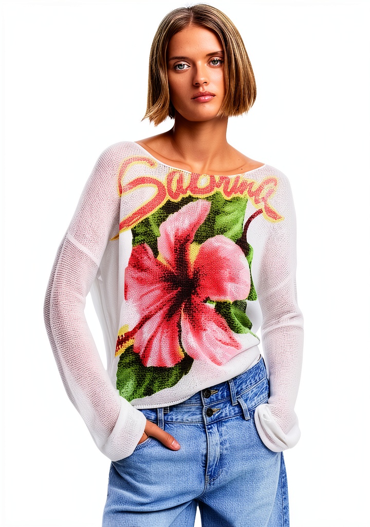 'Desigual Sweatshirt Donna indossata in un ambiente casual con design floreale'