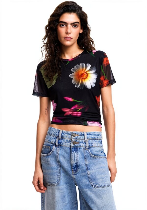 Maglia termica Desigual donna slim stampa floreale nero