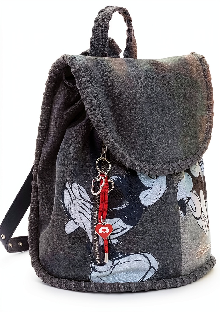 Zaino Desigual Mickey KI in denim con grafica Topolino, indossato da una donna