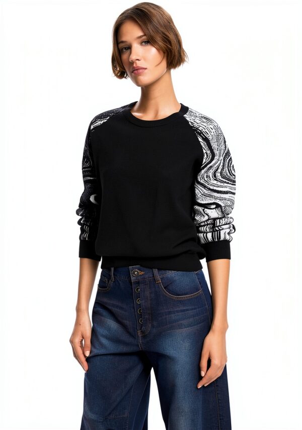 Felpa Desigual Donna Nero Jacquard Collo Rotondo Taglie-1