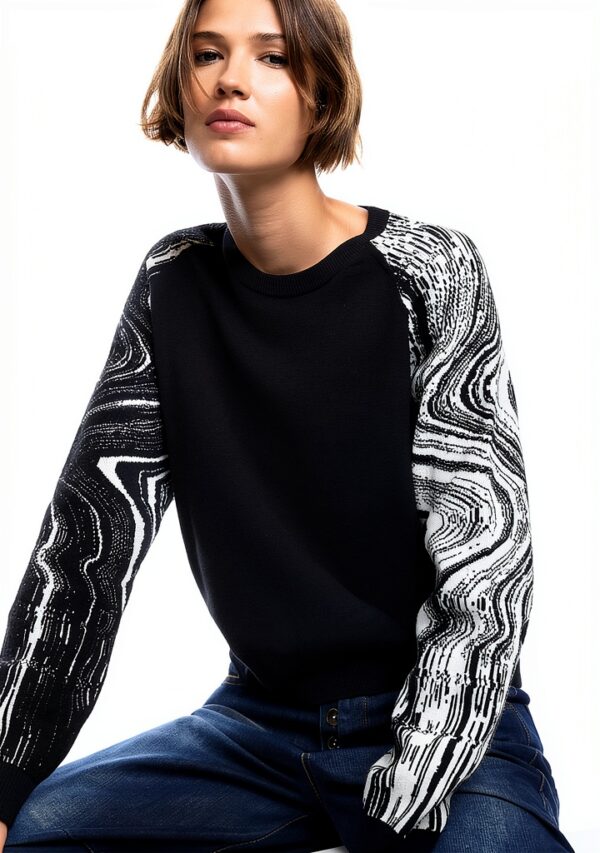 Felpa Desigual Donna Nero Jacquard Collo Rotondo Taglie-4